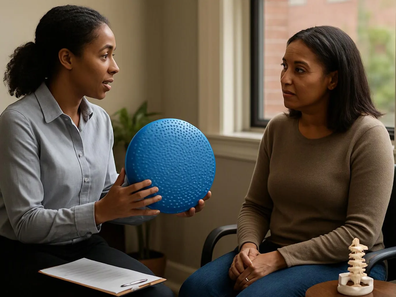 Two women sit in a quiet room, one holding a blue textured disc while they talk near a window