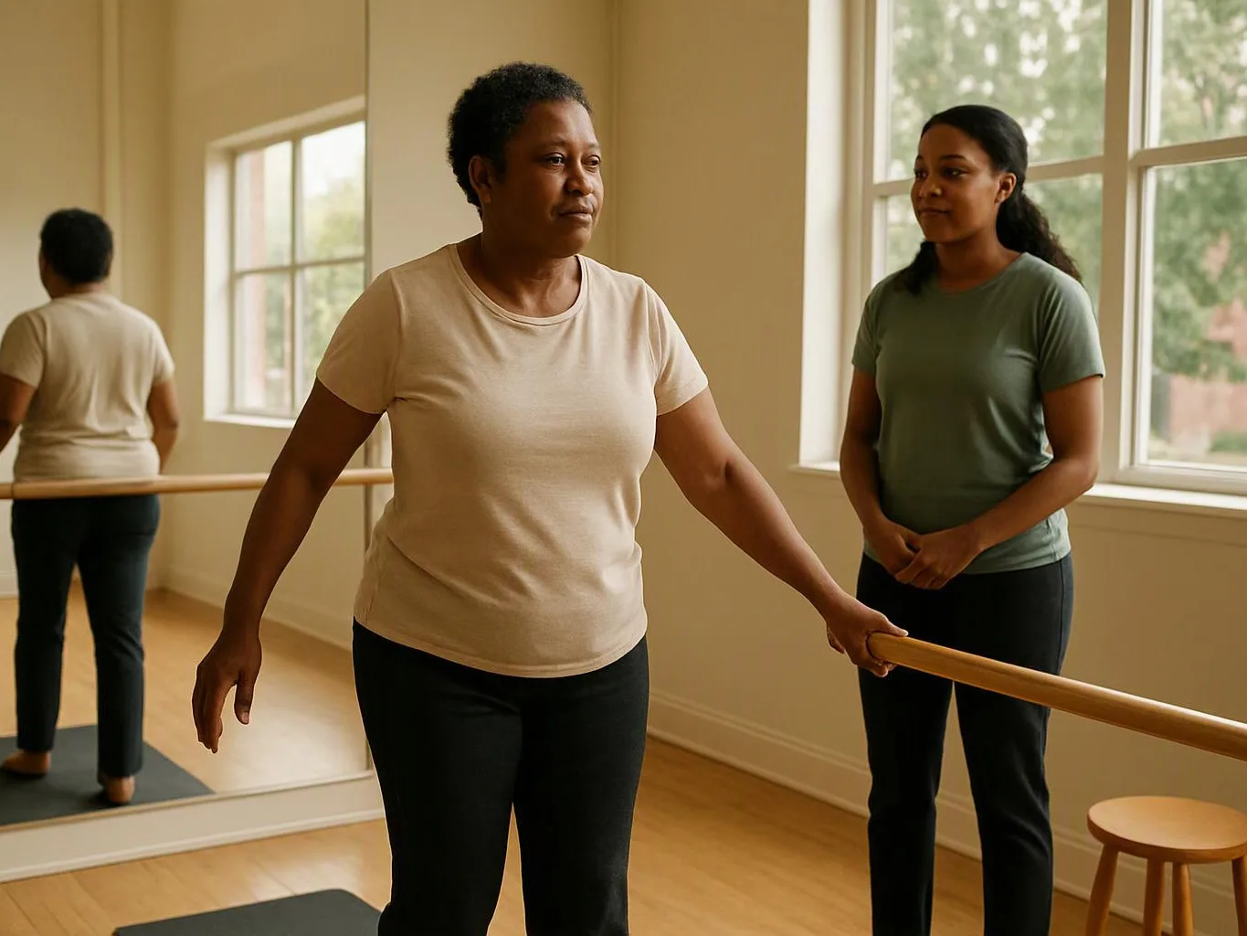 Two women stand at a ballet barre in a bright studio with mirrors and windows