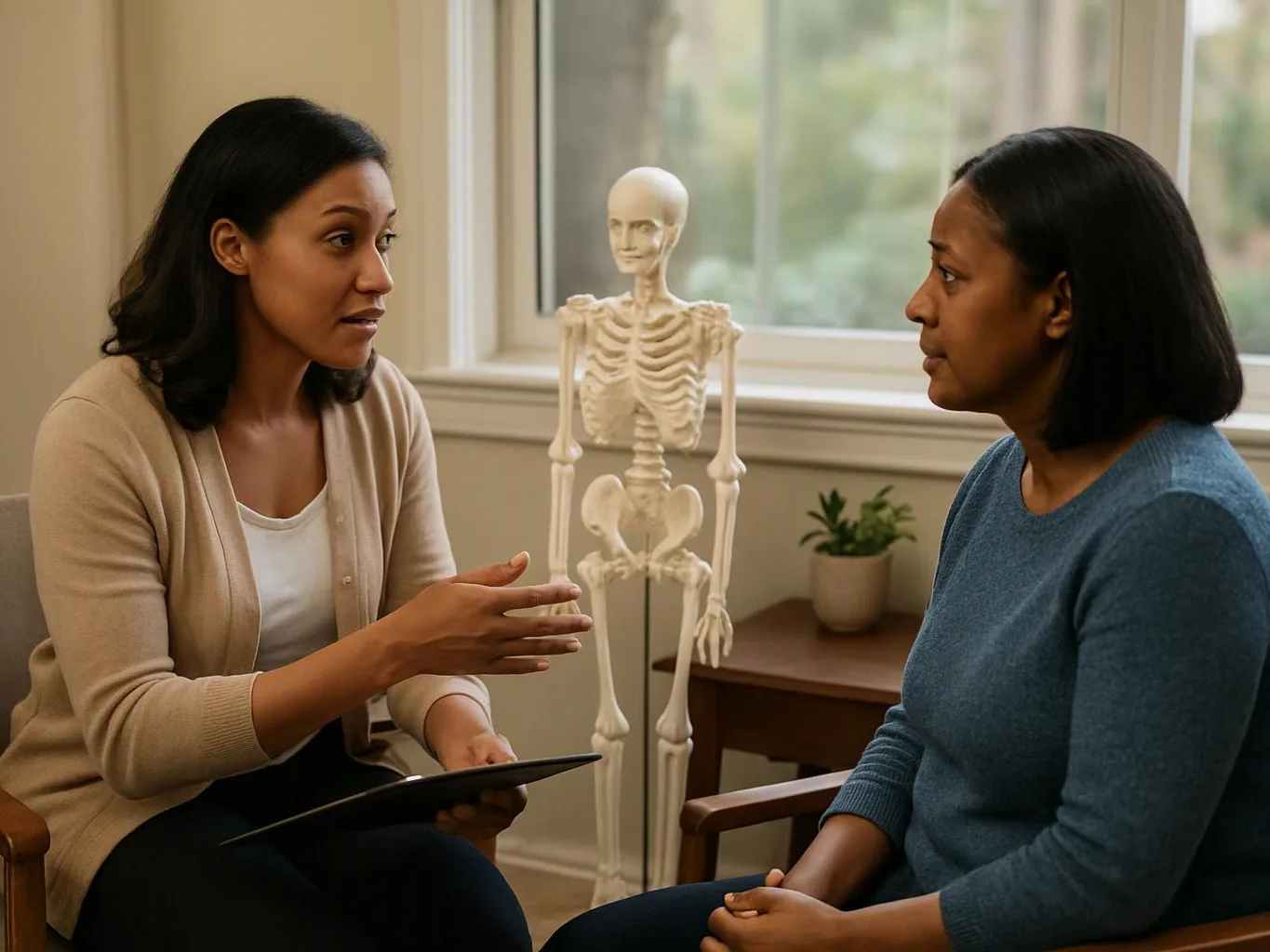 Two women talk in a bright room, with a small skeleton model and a potted plant behind them