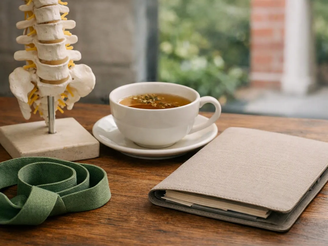 A white cup of tea sits beside a spine model, a green strap, and a gray notebook on a wooden table