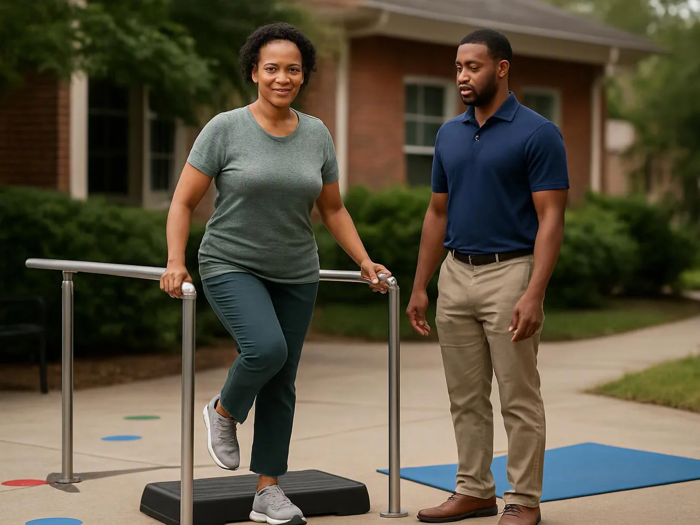A woman balances on a step rail outdoors while a man watches beside her on a sidewalk