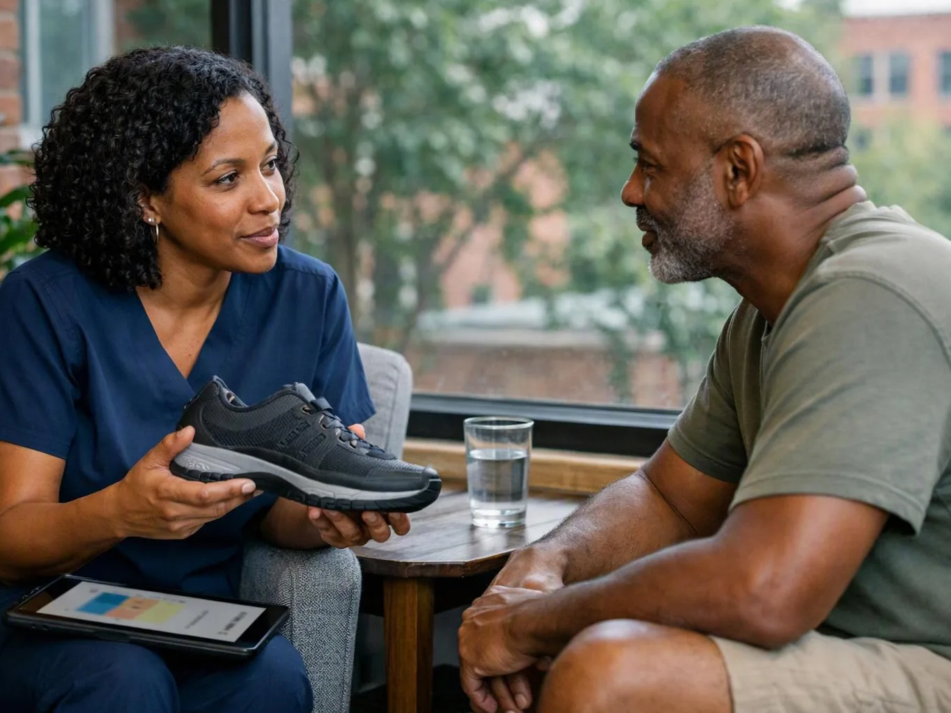 A woman in blue scrubs shows a black sneaker to a seated man by a window