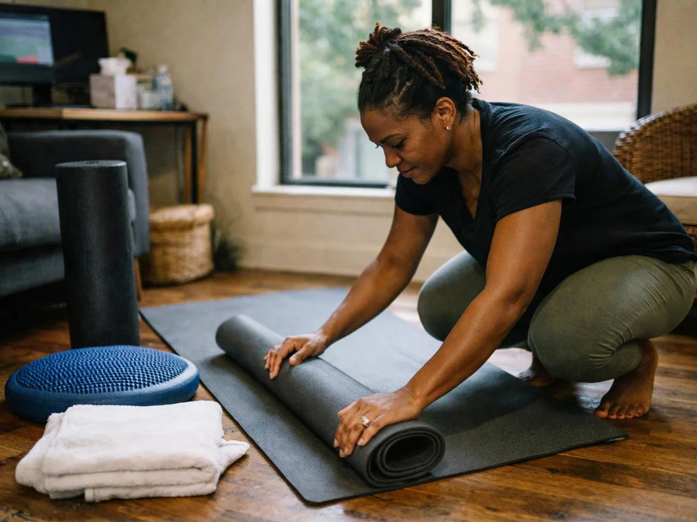 A woman kneels on a mat, rolling up a yoga mat in a living room with exercise props nearby