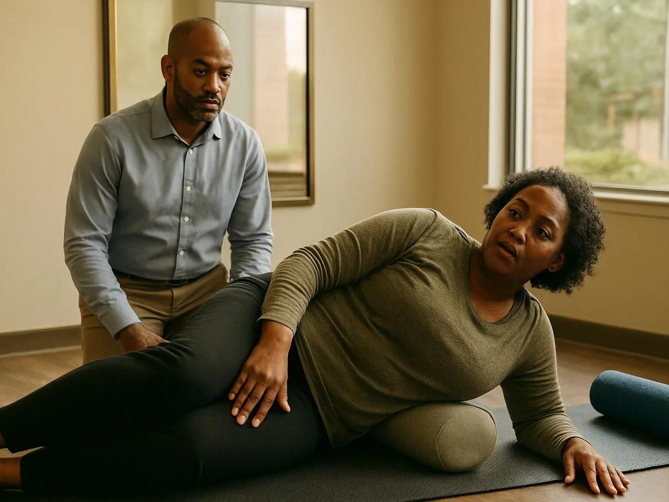 A woman lies on a yoga mat with a foam roller, while a man watches in a bright room