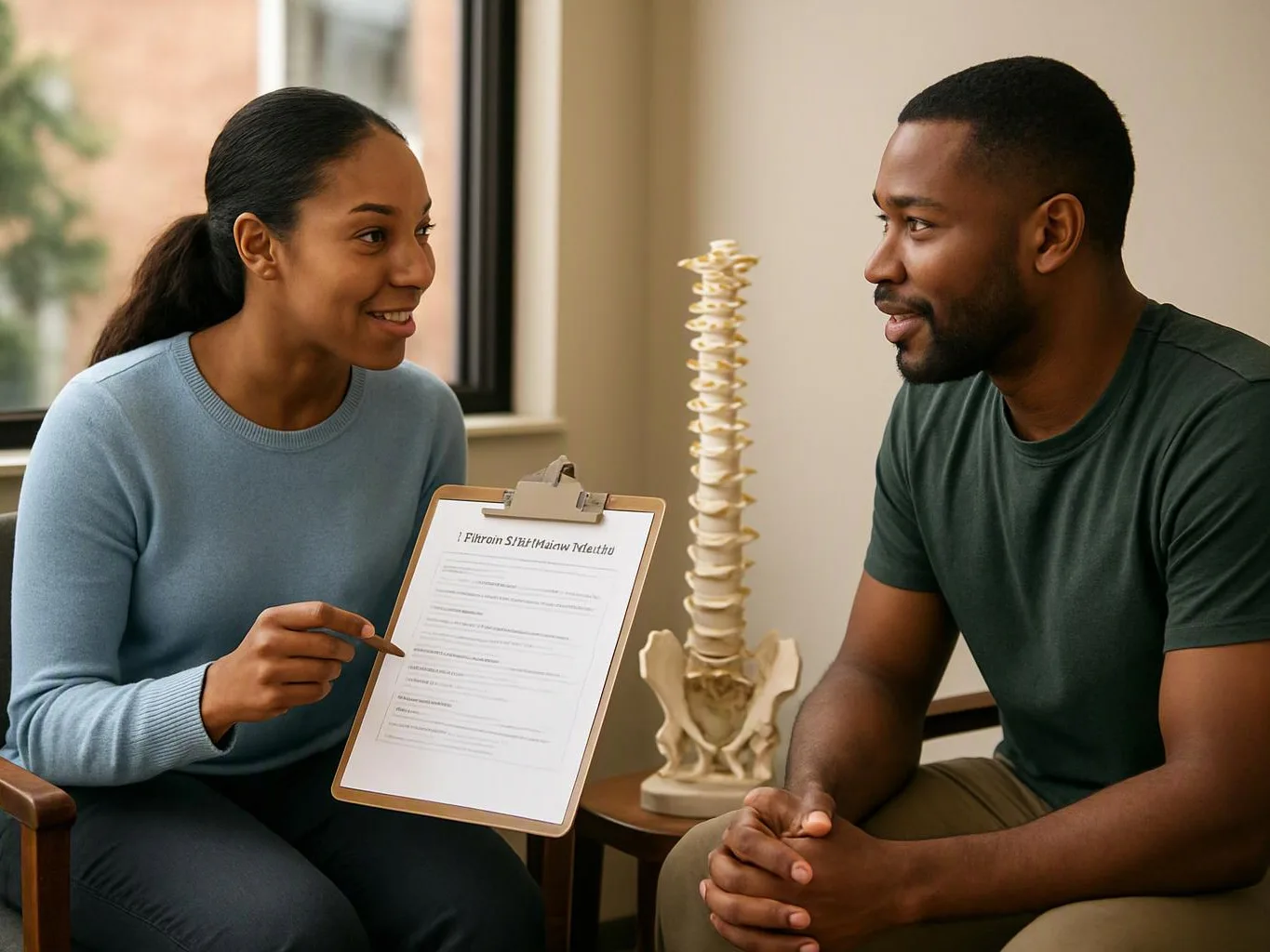 A woman points at a clipboard while talking to a man beside a spine model in a bright room