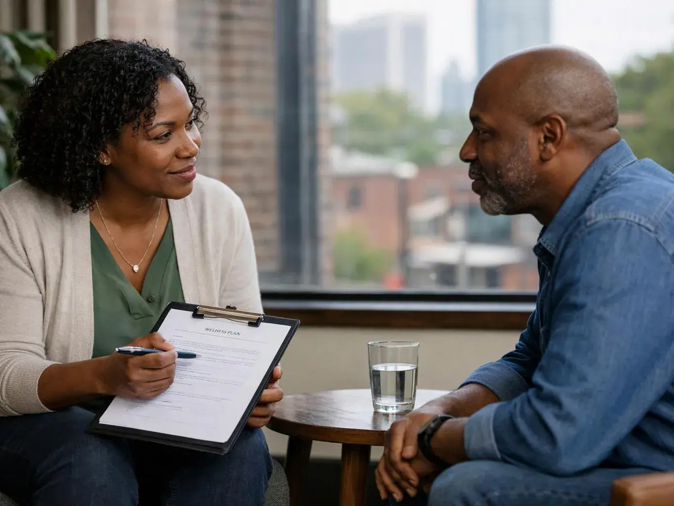 A woman shows a clipboard to a man during a quiet conversation by a window with city buildings behind them