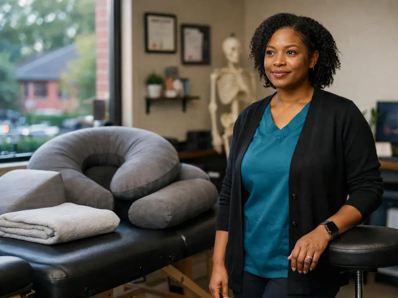 A woman stands beside a massage table with folded towels and neck pillows in a therapy room