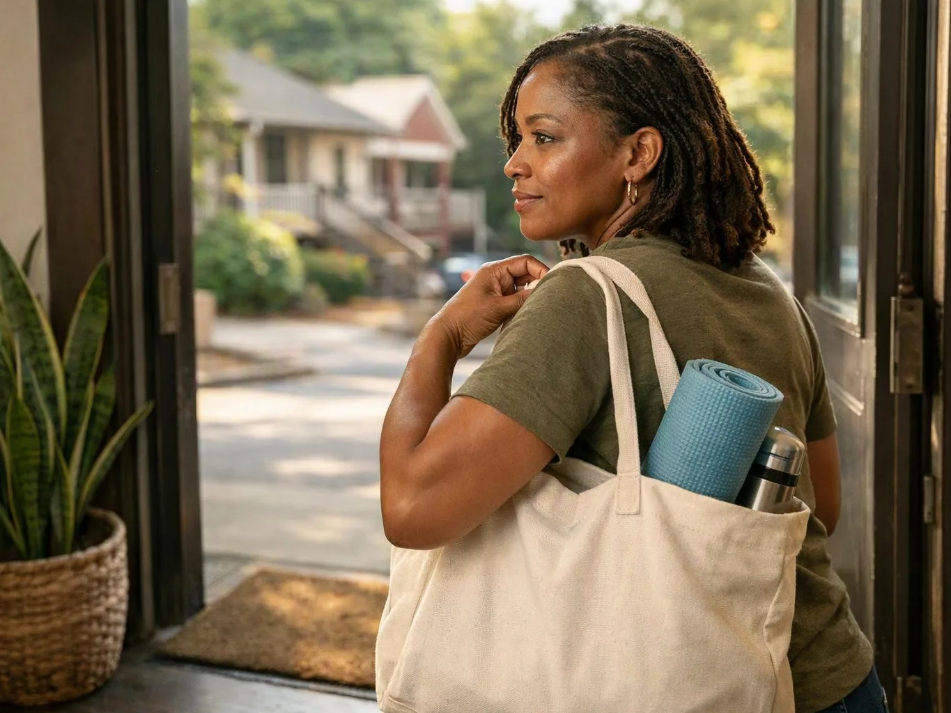 A woman stands in a doorway with a tote bag, carrying a rolled mat and a metal bottle
