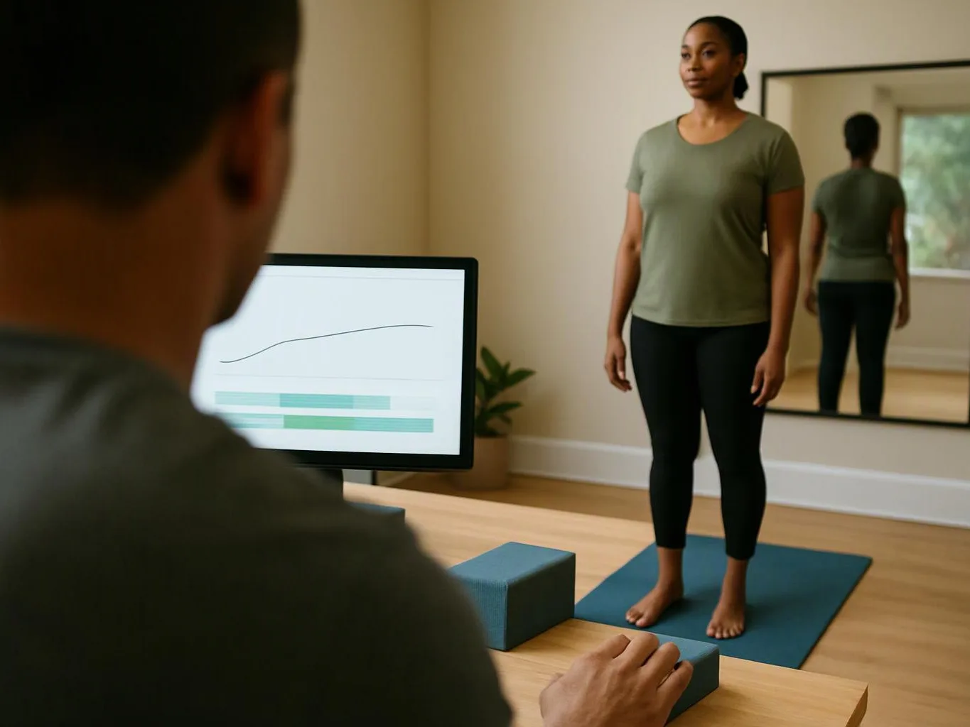 A woman stands on a yoga mat while a man watches a computer screen in a bright room