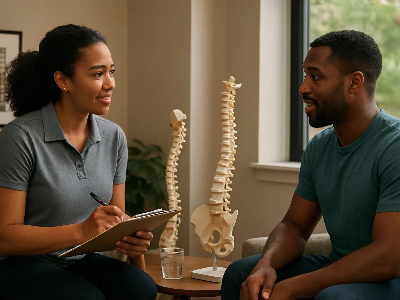 A woman takes notes while speaking with a man beside spine models in a bright room